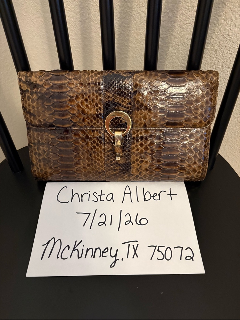 Luxury Hayward Brown python Clutch with Gold Ring Closure